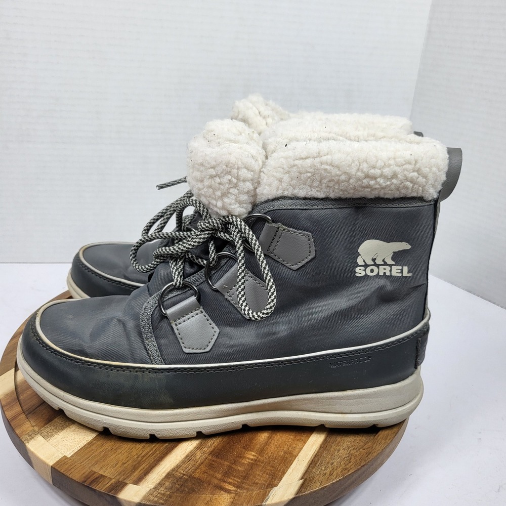 SOREL Women's Whitney Short Lace Waterproof Winter Snow Boots Faux Fur Gray 7.5